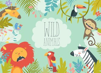 Happy jungle animals creating a framed background