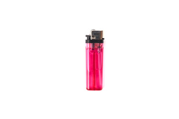 Red plastic gas lighter isolated on white background. Closeup shot