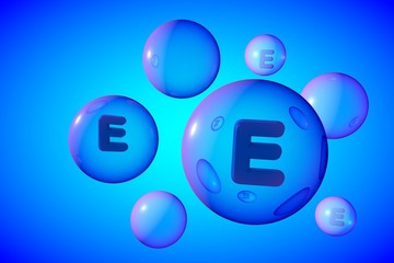 Transparent vitamin E pills on blue background. Alpha-tocopherol capsules. Vitamin and mineral complex. 3d illustration