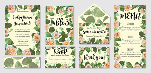Wedding menu, information, label, table number and place card design with elegant cream garden rose, wax flowers eucalyptus leaves. Vector template set
