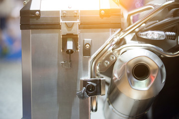 Close up shot of a motorcycle exhaust pipes.