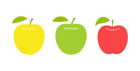 Yellow, green and red apple. flat style. isolated on white background
