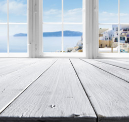 desk of white color and window background 