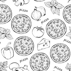 Pizza ingredients vector seamless pattern, hand drawn food background