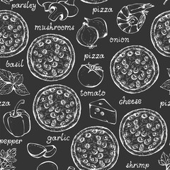 Pizza ingredients vector seamless chalkboard pattern, hand drawn food background with text