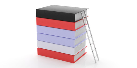 Silver wall ladder against a books stack isolated on white background. 3d illustration