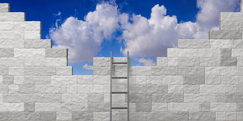 Metal ladder against a white brick wall, blue sky background. 3d illustration