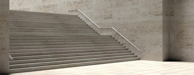 Stone stairs and wall with metal rail, banner. 3d illustration