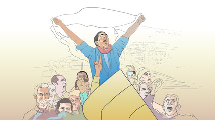 Vector drawing of crowds celebrating political victory, Demonstration of people, pride march