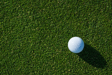 Early morning on the golf green, still covered in dew and sparkles from the sun, side light on a golf ball and a big shadow
