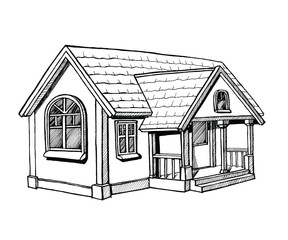 Black and white sketch of a cottage