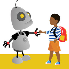 Cute little robot shaking hands with a school boy, EPS 8 vector illustration