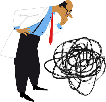 Scientist in a lab coat looking at a tangled ball as a metaphor of problem solving, EPS 8 vector illustration