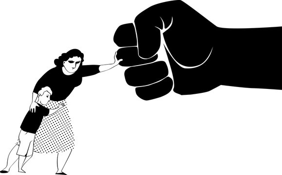 Woman fighting back a giant fist, protecting her child from abuse and domestic violence, EPS 8 black vector silhouette, no white objects