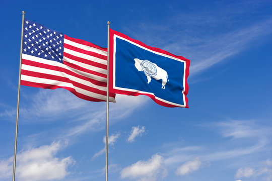USA and Wyoming flags over blue sky background. 3D illustration