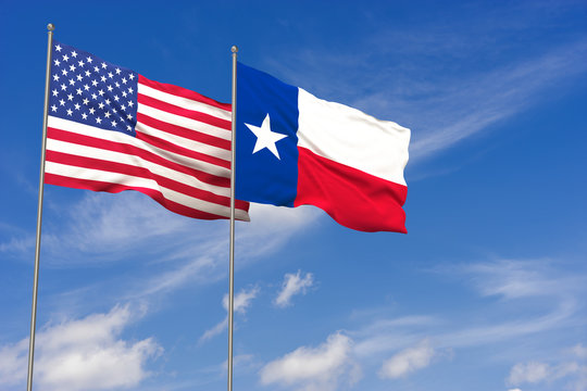 USA and Texas flags over blue sky background. 3D illustration