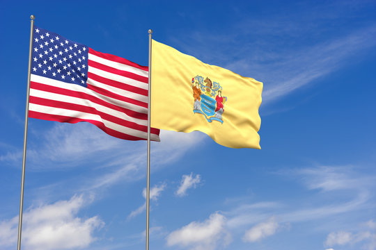 USA and New Jersey flags over blue sky background. 3D illustration