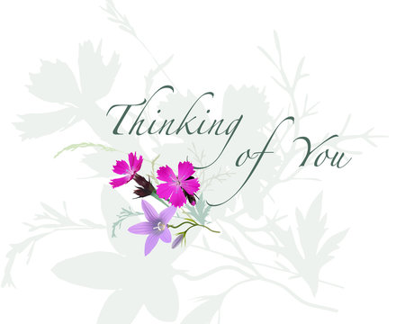 Thinking of You - summer greeting card.
Hand drawn realistic vector illustration with  meadow.