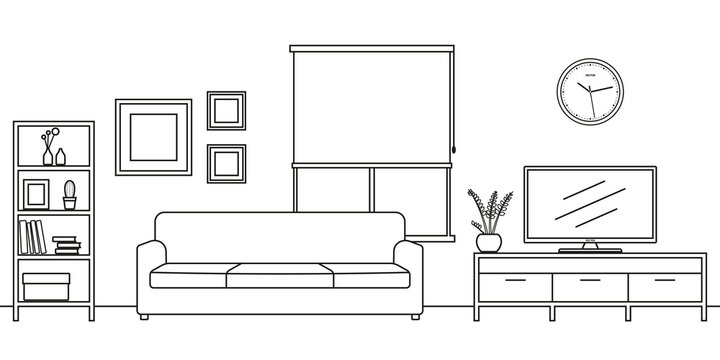 recommend clip art: Living room interior outline sketch. Line style furniture: sofa, bookshelf, TV shelf, flowerpot, pictures on the wall. Vector illustration.