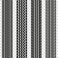 Tire track or tyre tread isolated on the transparent background. Car tire print pattern collection. Vector illustration.