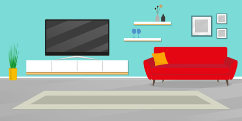 Living room interior. Modern room furniture. Interior design with sofa, TV shelf, flowerpot, pictures on the wall, carpet. Vector illustration.