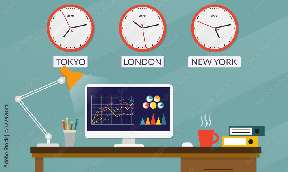 Poster office desk or table with computer monitor. business workspace or office interior with wall clock se