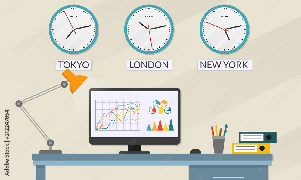Poster office desk or table with computer. business workspace or office interior with wall clock set with d