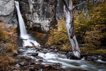 Chorrillo del Salto waterfall at the beginning of autumn, Los Galcieres National Park, El Chalten,...