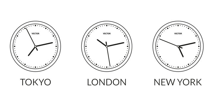 Wall clock line icon set with different time zones. London, New York, Tokyo time difference. Vector illustration.