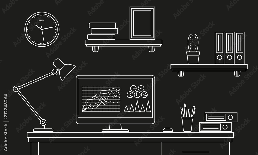 Poster office desk or table with computer outline sketch. line style business workspace or interior. vector