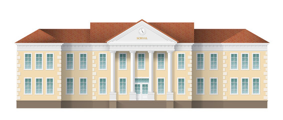Front view of school or college building. Traditional classic architecture of building with beautiful entrance and columns.