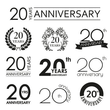 20 years anniversary icon set. 20th anniversary celebration logo. Design elements for birthday, invitation, wedding jubilee. Vector illustration.