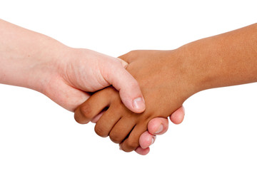 Holding hands couple of a mixed race on white background.