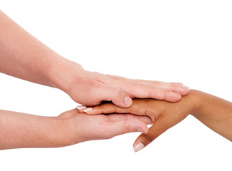 Holding hands couple of a mixed race on white background.