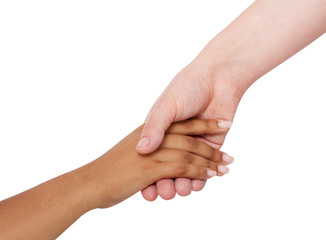 Holding hands couple of a mixed race on white background.