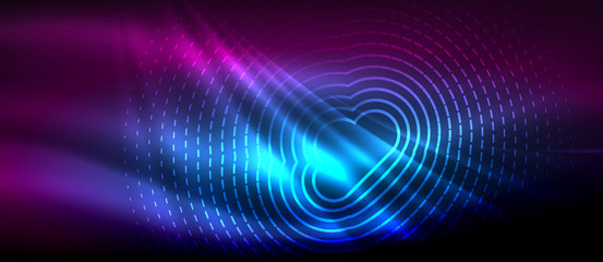 Neon glowing wave, magic energy and light motion background. Wallpaper template, hi-tech future concept