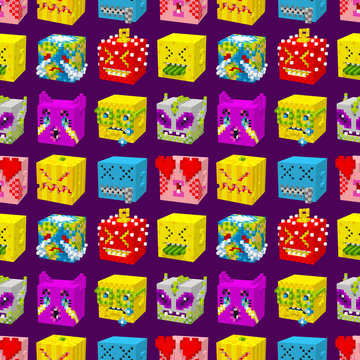 A set of different funny emoticons smiles. 3d emoji ,cubes, pixel art, digital game style. Seamless pattern for wallpaper, textiles. vector