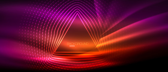 Neon glowing wave, magic energy and light motion background. Wallpaper template, hi-tech future concept