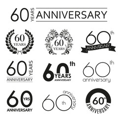 60 years anniversary icon set. 60th anniversary celebration logo. Design elements for birthday, invitation, wedding jubilee. Vector illustration. - obrazy, fototapety, plakaty
