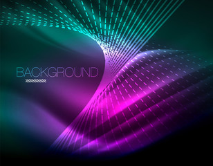 Smooth light effect, straight lines on glowing shiny neon dark background. Energy technology idea