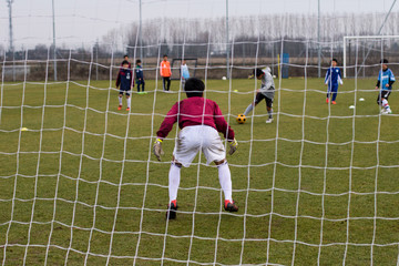 Portiere di calcio, si appresta a parare il tiro.