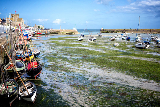 BARFLEUR: Fishing and recreational boats at low tide in the harbor of Barfleur. Barfleur is a picturesque fishing village in Basse Normandy. France.