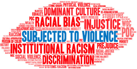 Subjected To Violence Word Cloud on a white background. 