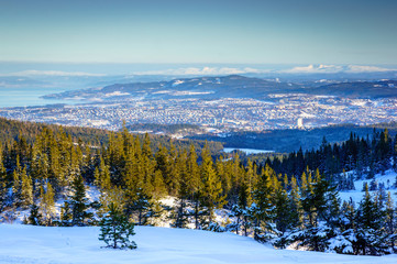Fototapeta na wymiar Winter landscape of Norway. View from Gråkallen mountain