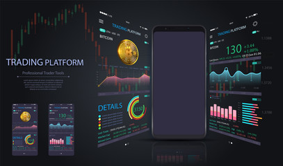 Market trade. Binary option. Trading platform, account. Money Making, business. Market analysis. Investing. Screen of user interface for phone, laptop, tablet. Modern 3d trade app - obrazy, fototapety, plakaty