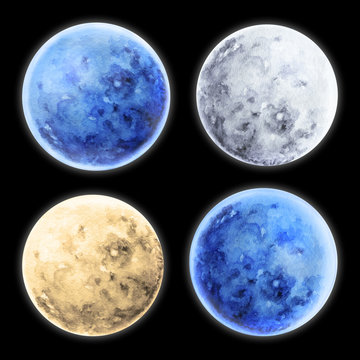 Watercolor illustration. The four different moons on the black background. Isolated element.