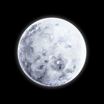 Watercolor illustration. The grey moon on the black background. Isolated element.