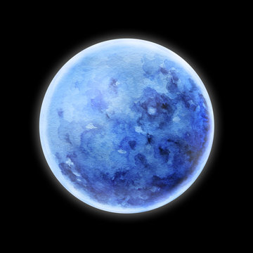 Watercolor illustration. The blue moon on the black background. Isolated element.