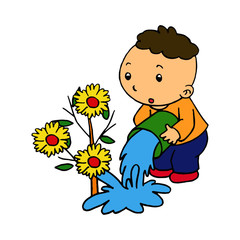 Little boy water the flower cartoon illustration isolated on white background for children color book