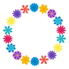 Wreath of wild flowers with leaves. A floral round frame with a place for your text. Suitable for greeting cards, wedding invitations, promotional leaflets